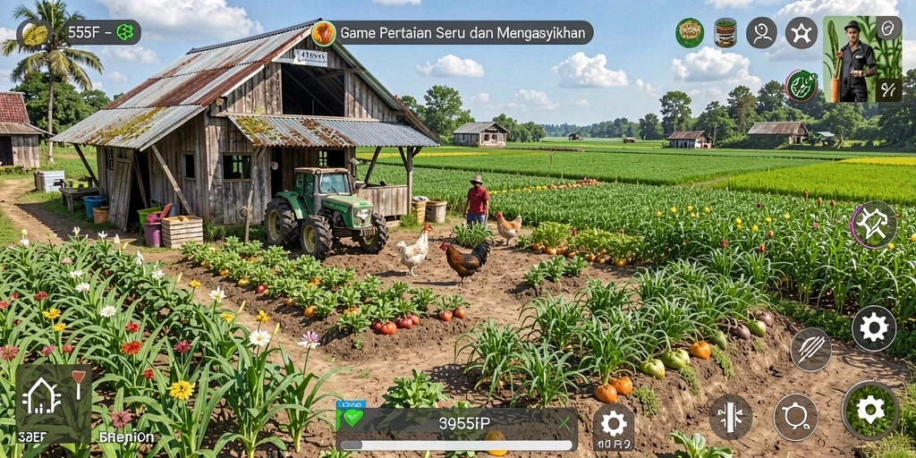 Tampilan gameplay 555F yang menarik dengan aktivitas pertanian.