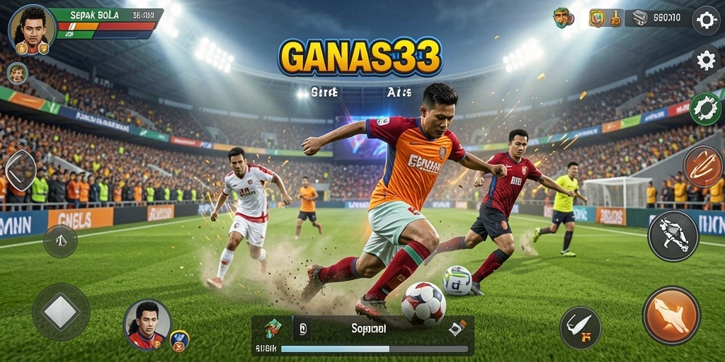 Screenshot utama menampilkan aksi permainan sepak bola yang seru dan realistis.
