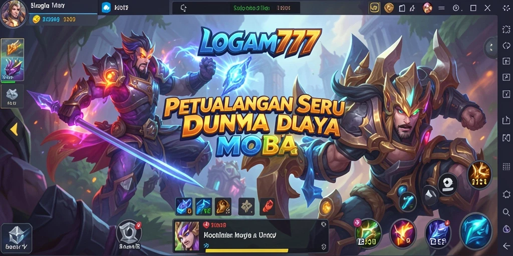 Screenshot utama LOGAM777 menampilkan pertempuran epik antara karakter dalam arena MOBA.