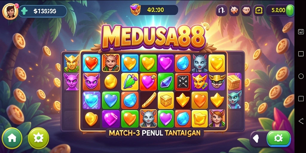 Screenshot menampilkan gameplay penuh warna dan tantangan Match-3.