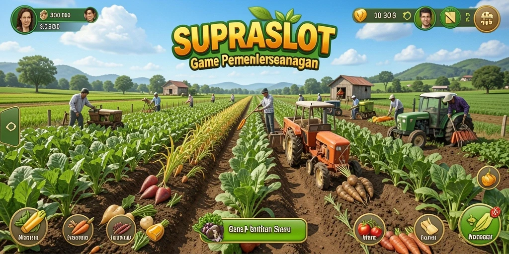 Tangkapan layar gameplay <strong>SUPRASLOT</strong> menampilkan ladang pertanian yang indah dan tanaman yang subur.