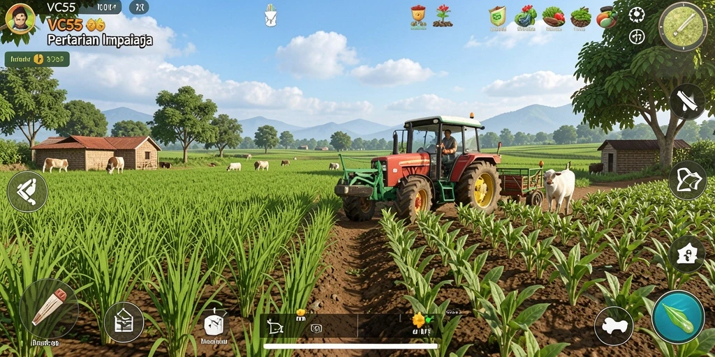 Tampilan gameplay VC55 yang menakjubkan dengan aktivitas bertani.