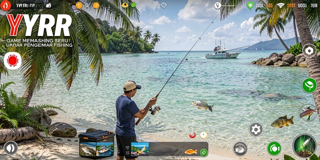 Screenshot gameplay YYRR menampilkan momen seru saat memancing ikan.